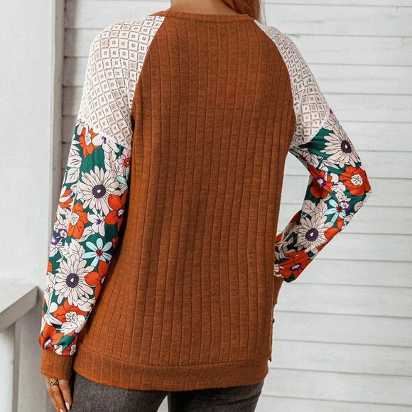 Floral Patchwork Long Sleeve Ribbed Blouse - Picture 2 of 2